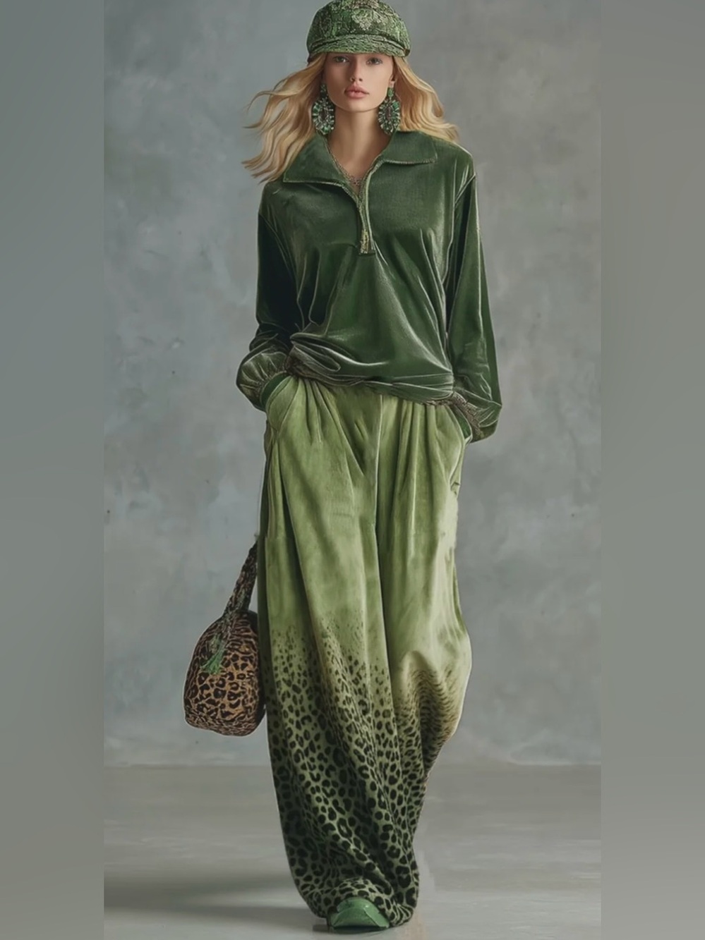 OYROSY - Retro Sporty Green Velvet Leopard Print Wide-leg Pants with pockets XXL